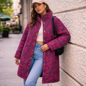 Long Quilted Jacket 100% Cotton Made In Korea Purple And Maroon Size L Pockets